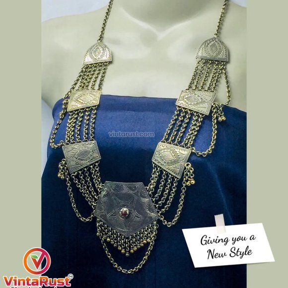 Vintage Silver Kuchi Boho Necklace, Multilayers Chain Bib Necklace - Picture 4 of 7